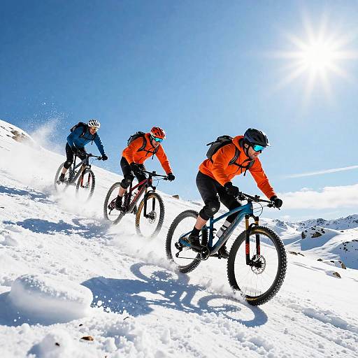 Mountain Bikers Racing Down Snowy Slope