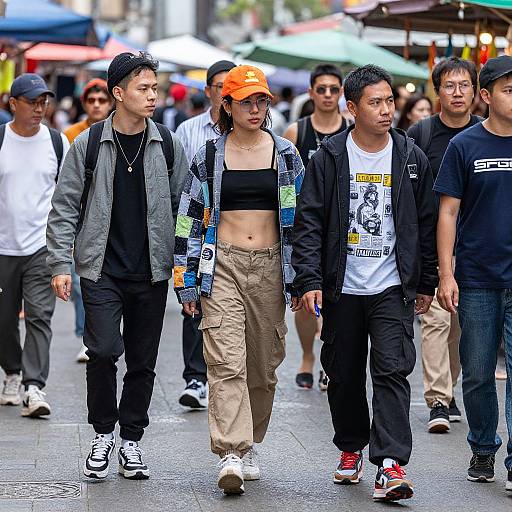 Photograph of diverse young Asian men walking in urban street market; one wears an orange cap and black sports bra, others in casual jackets and T-shirts