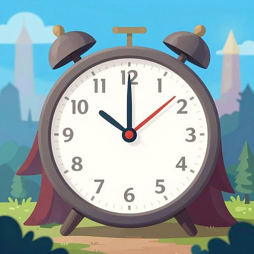 Digital cartoon of an old-fashioned black alarm clock with red and black hands, standing on grass with a blue sky and distant castle backdrop. Clock shows 