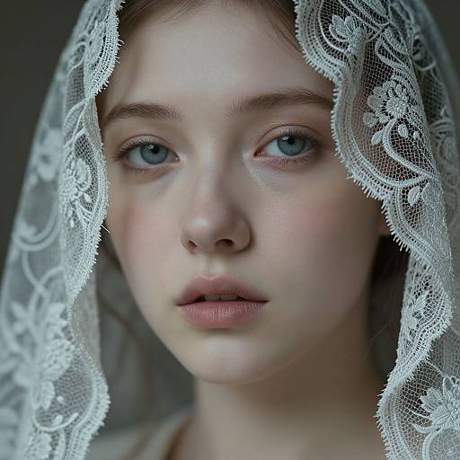 Close-up photograph of a young girl with pale skin, blue eyes, and light brown hair, wearing a white lace veil, with a soft, neutral