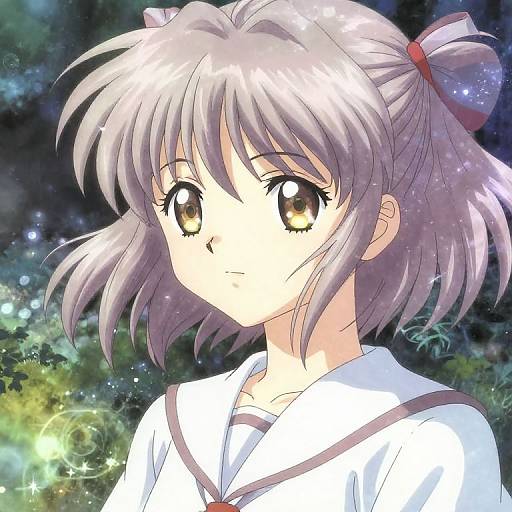 Anime-style digital drawing of a silver-haired girl with large amber eyes, wearing a white sailor uniform, against a starry, cosmic background.