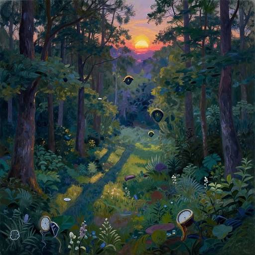 Digital painting of a vibrant, moonlit forest at sunset. Tall trees, glowing mushrooms, and floating black orbs illuminate a lush, winding path. Colors
