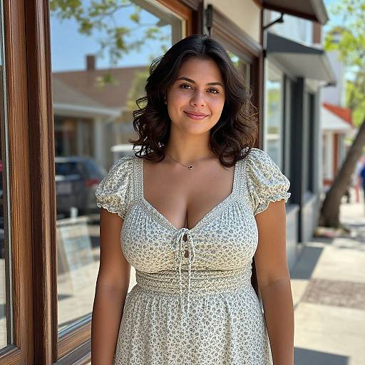 Photograph of a smiling South Asian woman with medium brown skin and wavy dark hair, wearing a white floral dress, standing outside a sunny storefront.