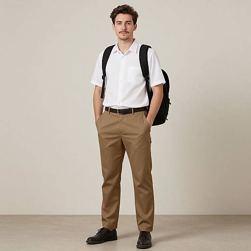 Photograph of a young man with curly brown hair, beard, white shirt, brown pants, black shoes, black backpack, standing against a plain white