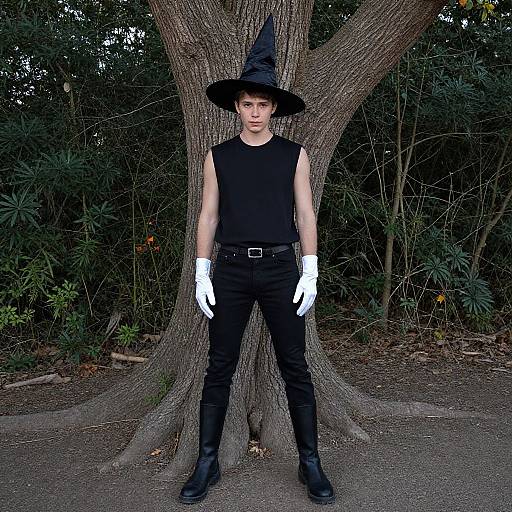 Photograph of a young man in black sleeveless shirt, black pants, white gloves, black boots, and witch hat, standing against a tree in