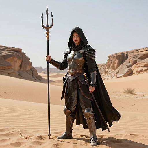 Digital art: Dark-clad warrior with black hood, metallic armor, and trident stands in a sunlit desert with rocky hills.