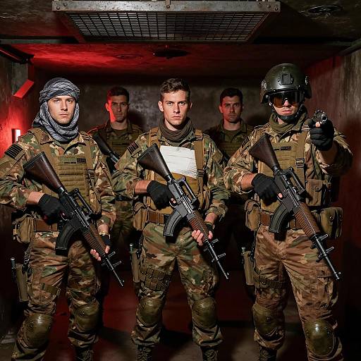 Soldiers in a Dimly Lit Bunker