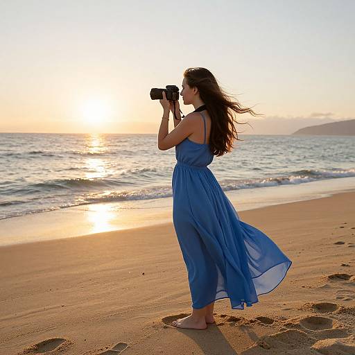 Photograph of a woman with long brown hair in a flowing blue dress, standing on a sandy beach at sunset, holding a camera, ocean waves and