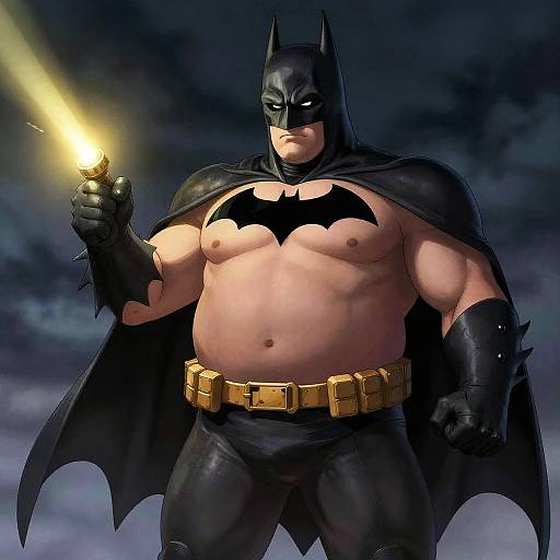 Digital illustration of a muscular Batman, shirtless with black cape, gloves, and pants, holding a glowing bat-shaped light, against a dark, storm