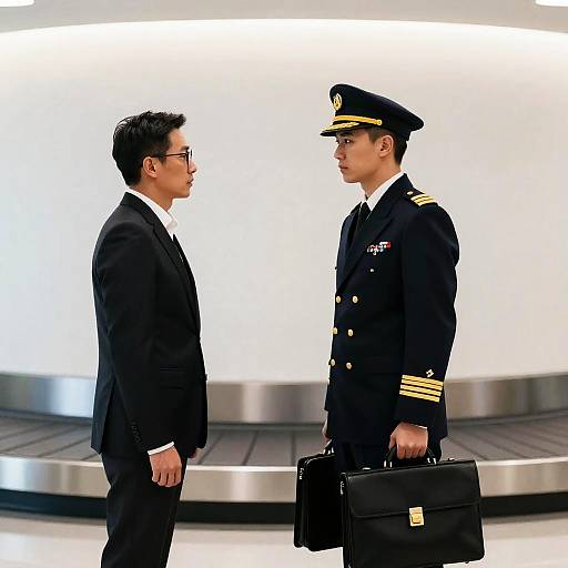 Pilot and businessman facing each other in baggage claim