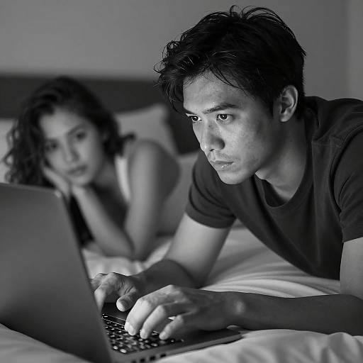 Man Focused on Laptop with Woman in Background