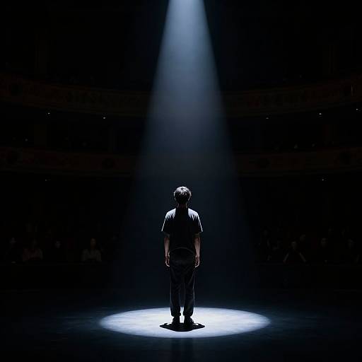 Photograph of a solitary man standing in the center of a dark stage, illuminated by a single, focused spotlight from above.