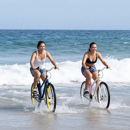 Photograph of two women in tank tops and denim shorts riding bicycles in shallow ocean waves, splashing water, under clear blue sky.