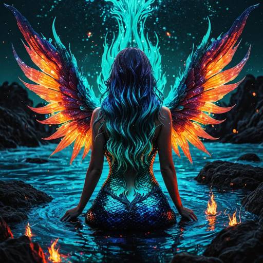 Bioluminescent Mermaid with Fiery Wings at Dusk