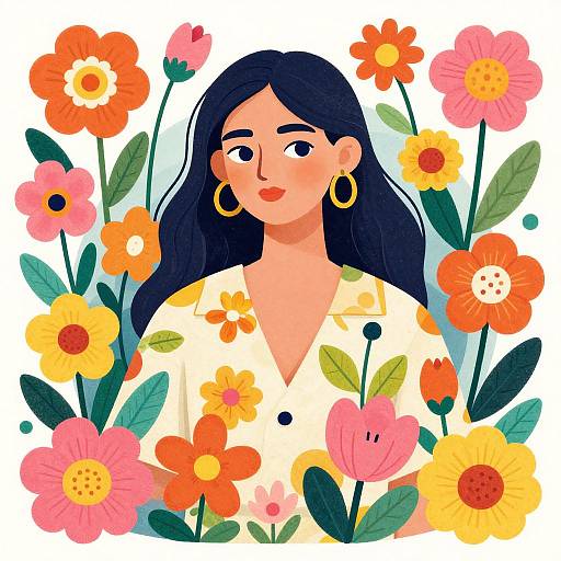 Digital illustration of a woman with long black hair, golden hoop earrings, and a floral shirt, surrounded by vibrant orange, pink, yellow flowers.