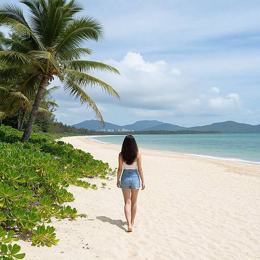 Photograph of a woman with long dark hair in a white bikini top and denim shorts walking on a tropical beach, palm trees on the left, turquoise