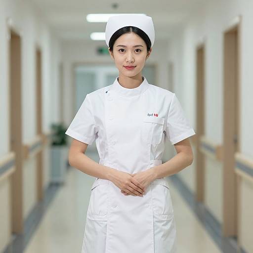 Photograph of an Asian female nurse with black hair, wearing a white uniform and hat, standing in a brightly lit, empty hospital hallway.