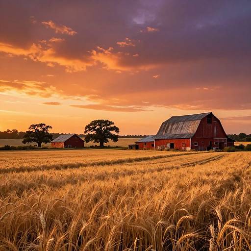 Photograph of a vibrant sunset over a golden wheat field with a red barn and smaller outbuildings, silhouetted trees, and dramatic,