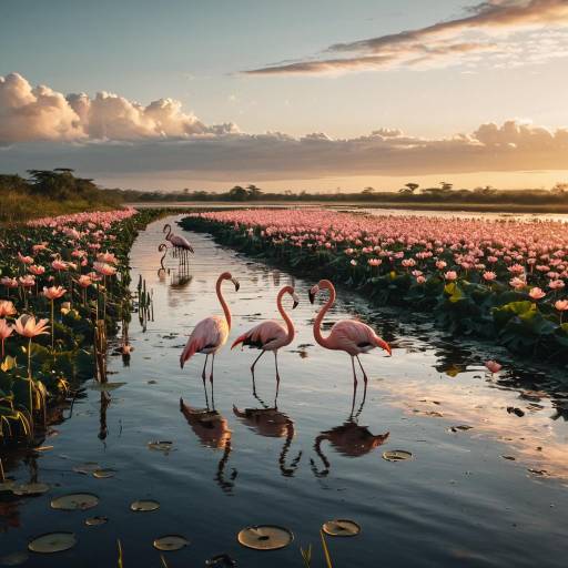 Flamingos Wading in Lotus-Filled River Delta at Dawn Flamingos Wading in Lotus-Filled River Delta at Dawn