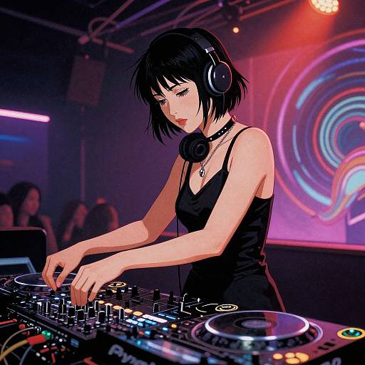 Digital illustration of a black-haired DJ in a black tank top, wearing headphones, mixing music in a dimly lit club with neon swirls on the