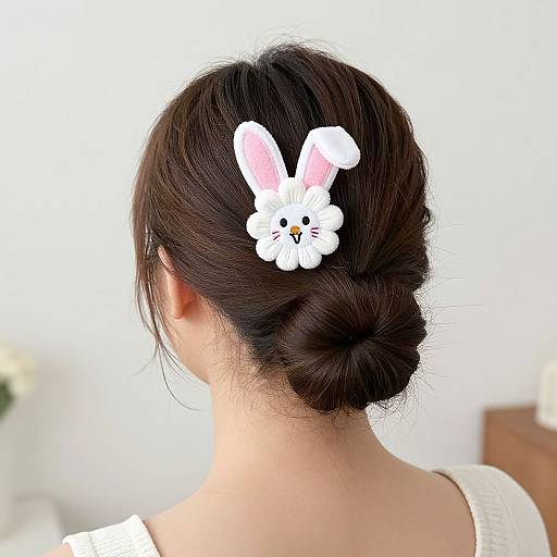 Photograph of a woman with dark brown hair in a neat bun, white top, and a digital white bunny sticker on her head.