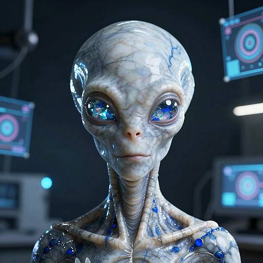 CGI alien with shiny, blue-veined skin, large reflective blue eyes, and a slender neck, in a futuristic, dark-tech lab setting
