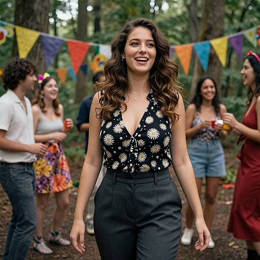 Photograph of a smiling woman with long brown hair in a black floral blouse and high-waisted black pants, standing in a forest with colorful b