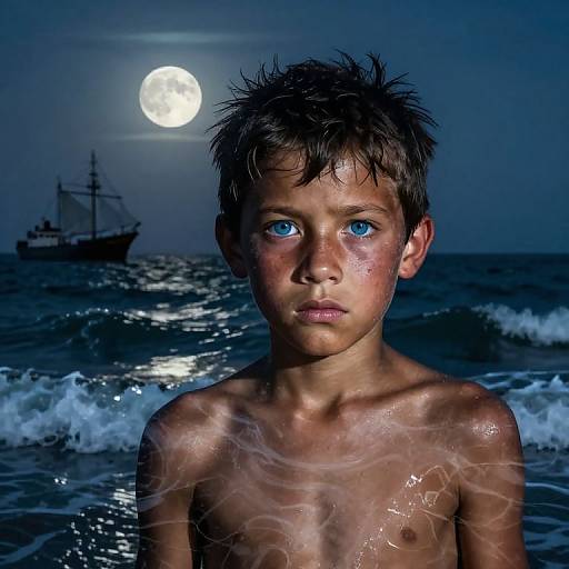 Photograph of a wet, shirtless young boy with striking blue eyes, standing in moonlit ocean waves, with a ship in the background.