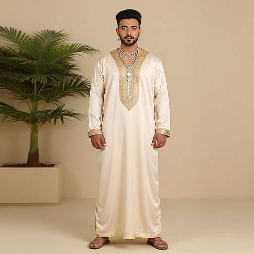 Photograph of a bearded man with dark skin, short black hair, wearing a white, gold-embroidered traditional long tunic, standing