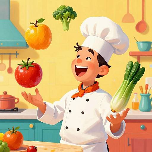 Cheerful Chef Juggling Fruits
