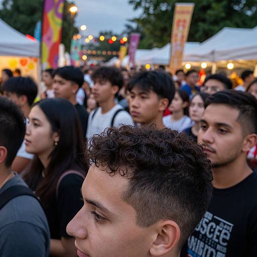 Photograph of a diverse crowd of young people at an evening outdoor market, with white tents and colorful flags in the background. Foreground: close-up