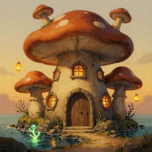 Digital artwork: Whimsical mushroom house with red and white caps, wooden door, glowing lanterns, and a green fairy by the water at sunset