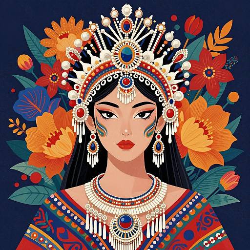 Vibrant digital illustration of a woman with dark hair, adorned in elaborate jewelry and traditional headpiece, surrounded by orange and red flowers against a dark