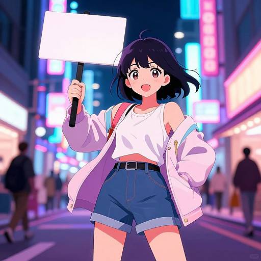 Anime-style digital drawing of a cute, black-haired girl holding a blank sign in a neon-lit urban street at night. She wears a white tank