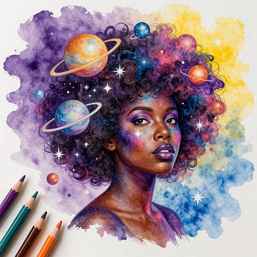 Watercolor illustration of a dark-skinned woman with a curly afro, adorned with colorful planets and stars, surrounded by vibrant cosmic hues. Art tools