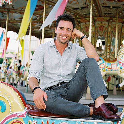 Man in Casual Vintage Carousel Scene