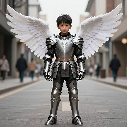Photograph of an Asian child in silver armor with large white wings, standing on a blurred city street, surrounded by pedestrians.