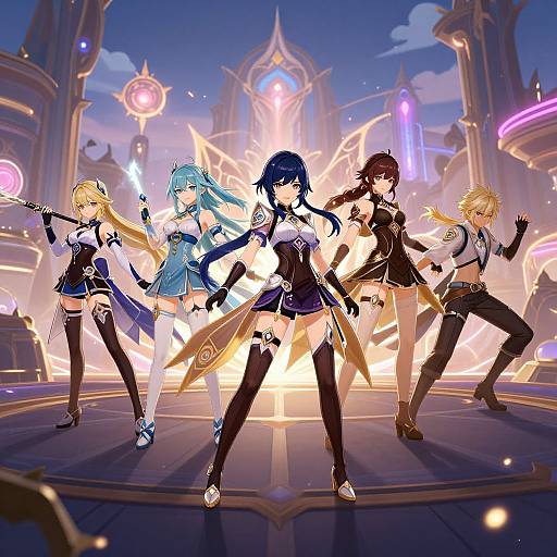 Digital anime artwork of five female characters in futuristic, revealing outfits, standing confidently in front of a glowing, neon cityscape.