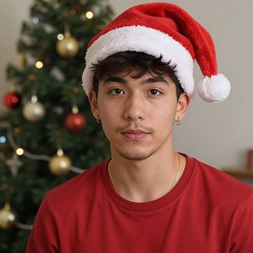 Photograph of a young Asian man with medium skin tone, wearing a red Santa hat and red shirt, standing in front of a decorated Christmas tree.