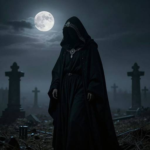 Mysterious figure in dark, hooded cloak with ornate headpiece stands under full moon in eerie graveyard with crosses silhouetted in the background