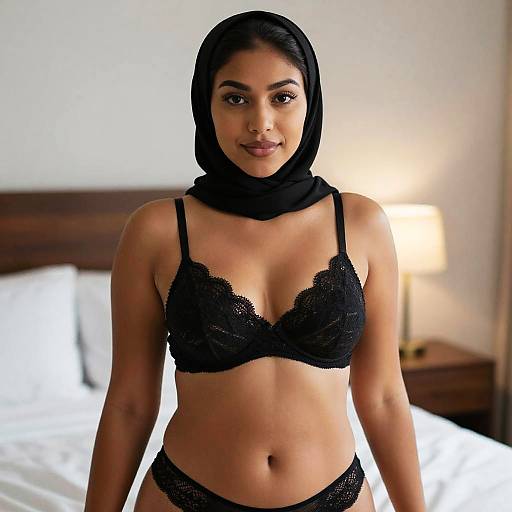Photograph of a young South Asian woman with medium brown skin, wearing a black lace bra and matching panties, black hijab, standing in a brightly