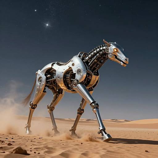 Photorealistic CGI of a silver, robotic horse with glowing yellow eyes galloping through a desert under a starry night sky. Dust clouds rise