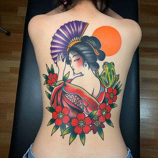 Vibrant tattoo of a Japanese geisha with purple fan, red kimono, sun, frog, and red flowers on a person's back.