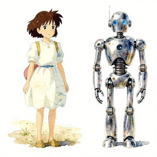 Dreamy Watercolor Girl and Robot