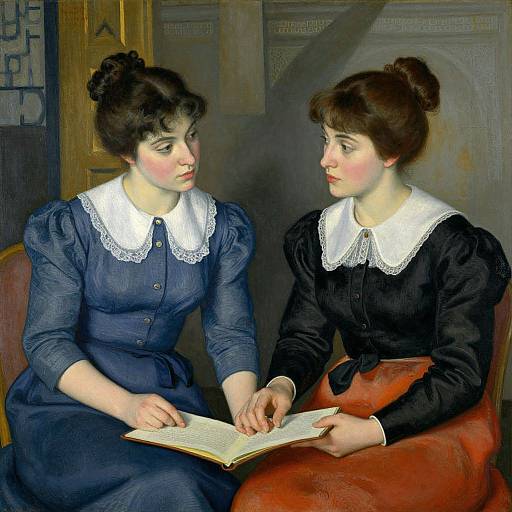 Elegant Women Discussing Manuscript