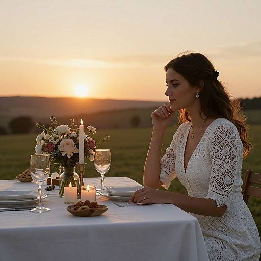 Photograph of a woman in a white lace dress, sitting at a sunset-lit outdoor table, with candles, flowers, and wine glasses.