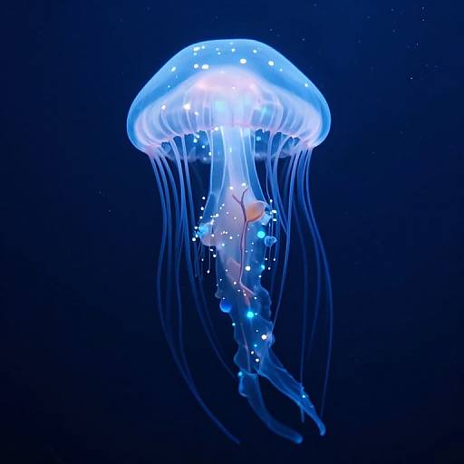 Photograph of a glowing, translucent blue jellyfish with white spots and long, flowing tentacles against a dark blue underwater background.