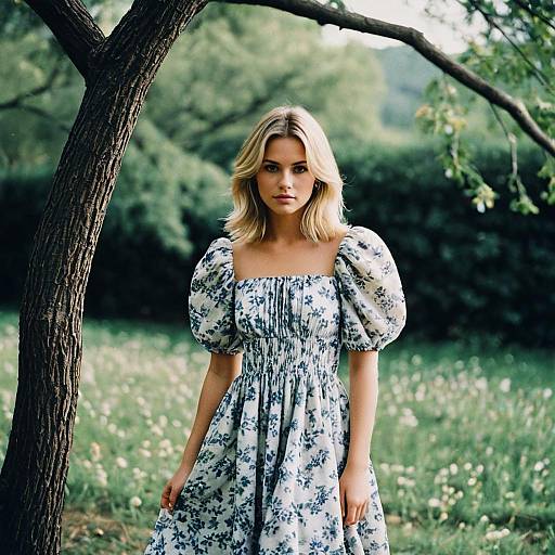 Blonde Woman in Floral Puffy Sleeve Dress Outdoors