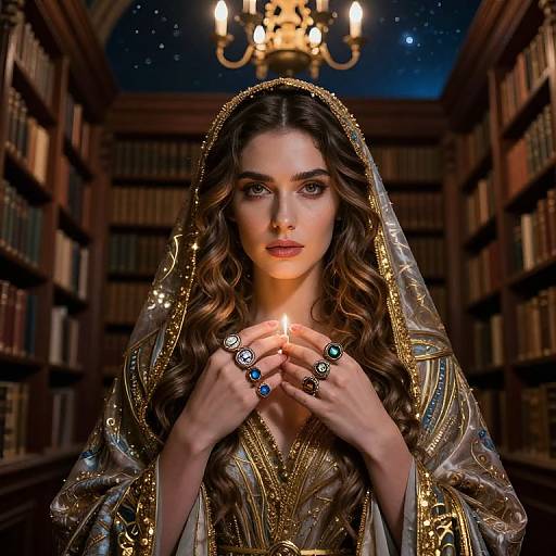 Photorealistic digital artwork of a beautiful, young woman with long brown hair, wearing an ornate, gold-trimmed veil, holding a candle