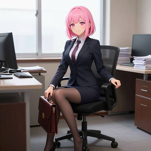Anime-style digital artwork of a pink-haired woman in a black suit, white shirt, black tie, and stockings, sitting in an office chair, holding